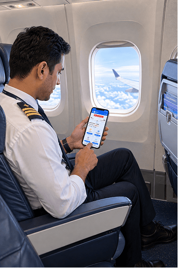 Flight attendant using the Skali telehealth app on a smartphone to consult an emergency physician during an in-flight medical event