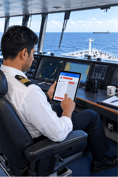 Vessel master using the Skali telehealth app on a tablet to consult an emergency physician while at sea