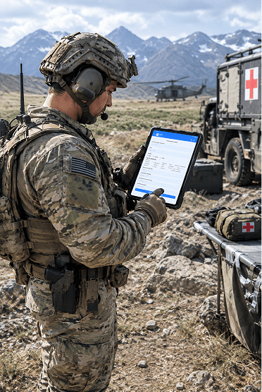 Military medic using the Skali telehealth app on a tablet to consult an emergency physician in a forward operating location